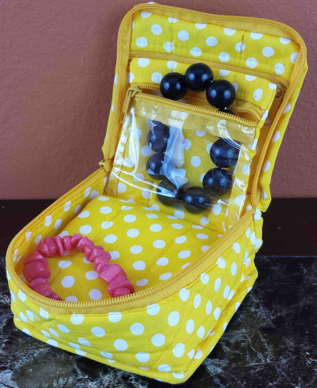 Handmade Quilted 100% Cotton Cosmetic Organizer Jewelry Bag Travel Pouch Polka Dot Yellow - Sweet Us