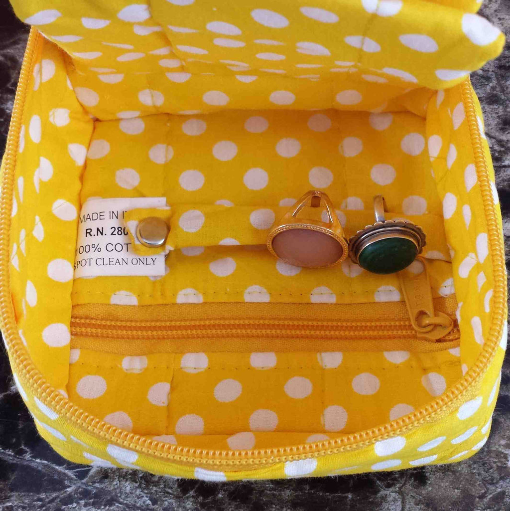Handmade Quilted 100% Cotton Cosmetic Organizer Jewelry Bag Travel Pouch Polka Dot Yellow - Sweet Us