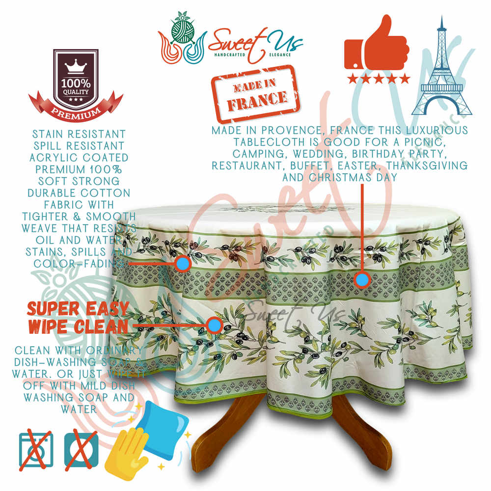 Wipeable Tablecloth Round Spillproof French Acrylic Coated Fleur Oliviers Green