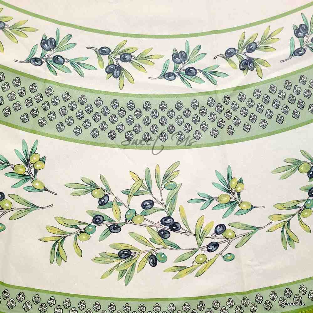 Wipeable Tablecloth Round Spillproof French Acrylic Coated Fleur Oliviers Green