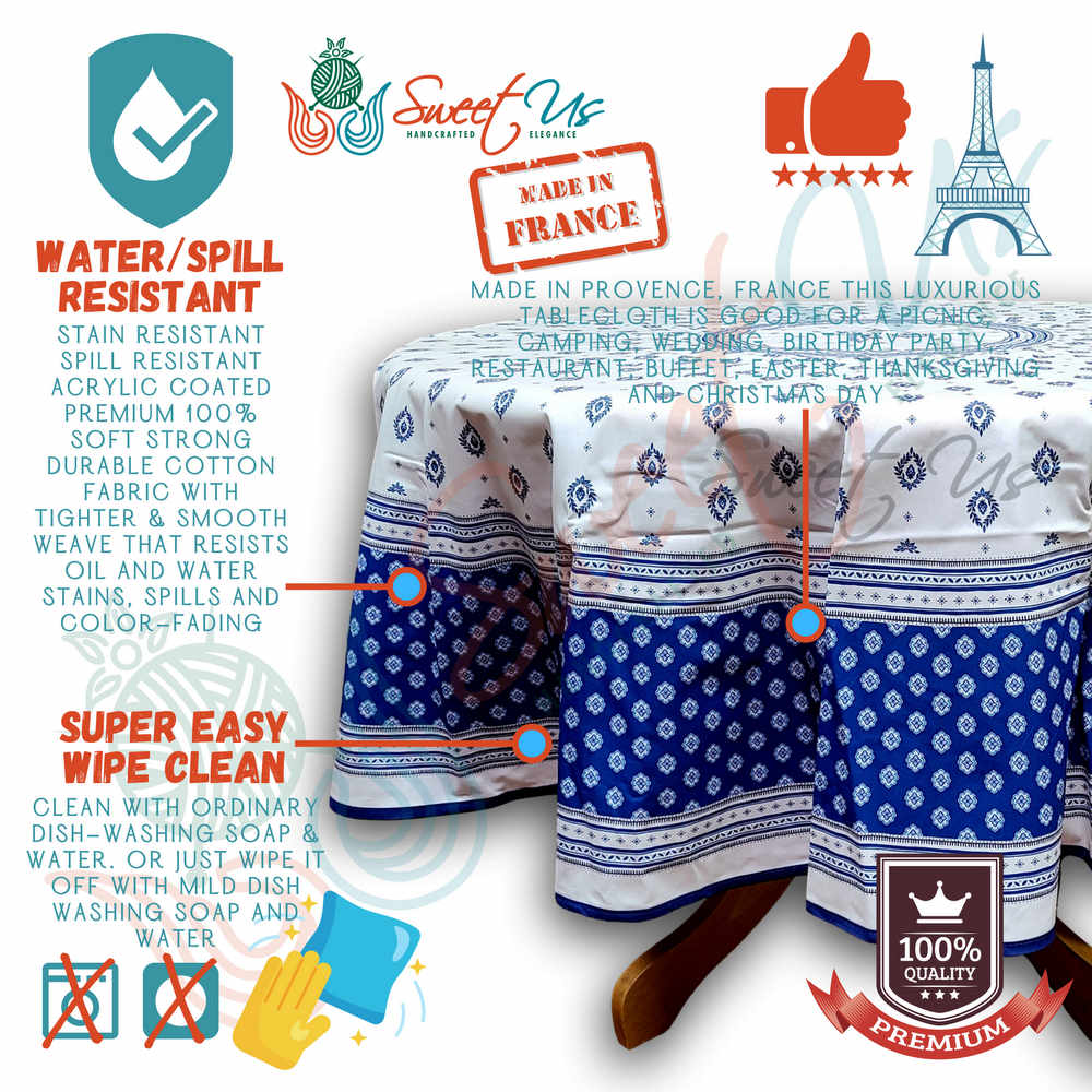 Wipeable Tablecloth Round Spill Resistant French Acrylic Coated Floral Blue