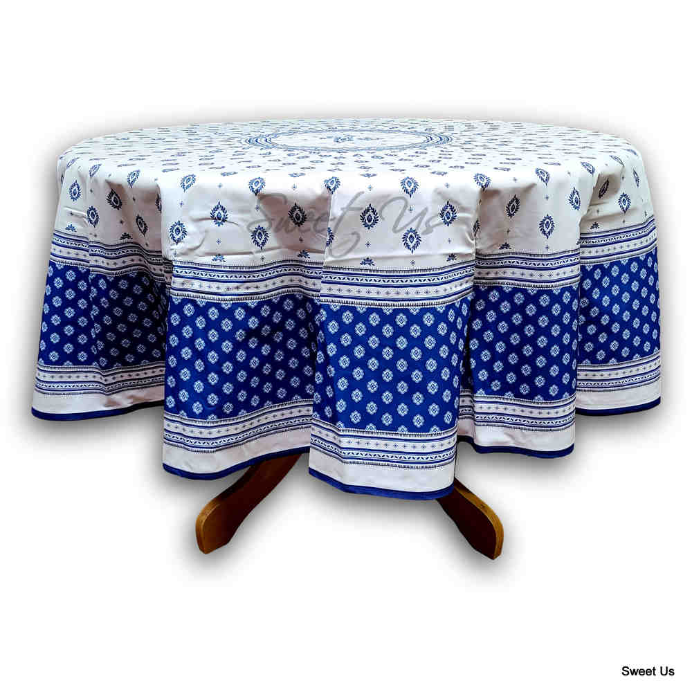 Wipeable Tablecloth Round Spill Resistant French Acrylic Coated Floral Blue