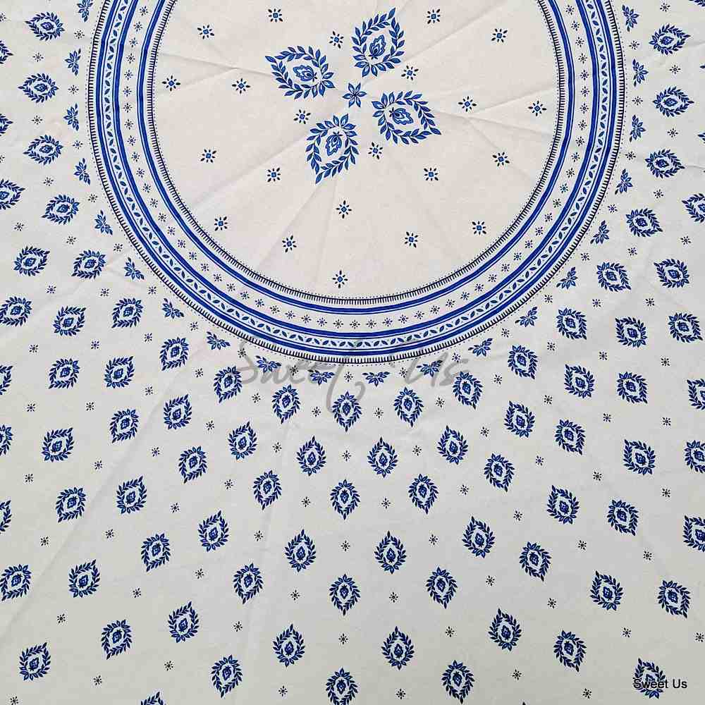 Wipeable Tablecloth Round Spill Resistant French Acrylic Coated Floral Blue
