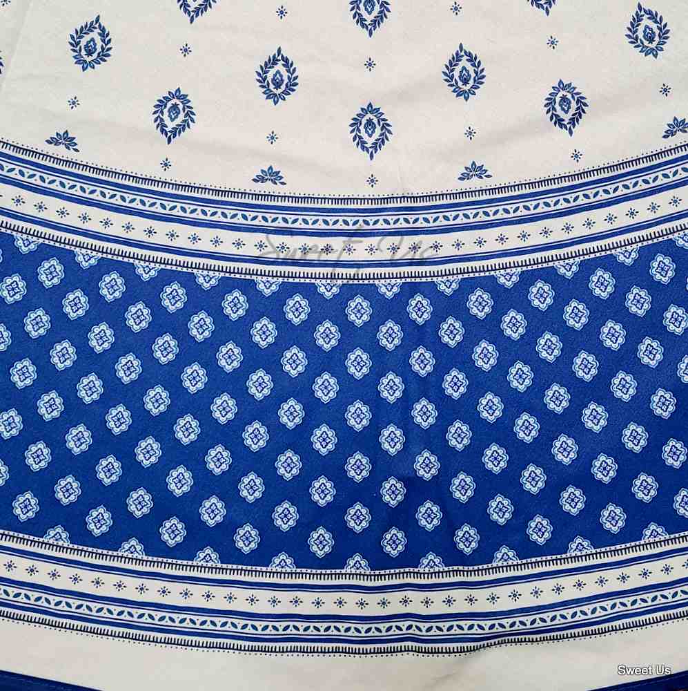 Wipeable Tablecloth Round Spill Resistant French Acrylic Coated Floral Blue