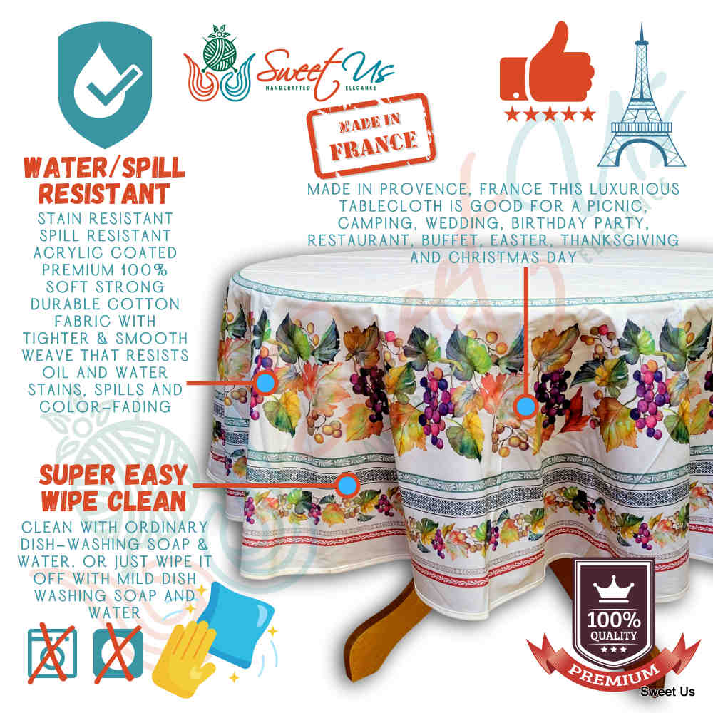 Wipeable Spill Resistant French Acrylic Coated Floral Tablecloth Round