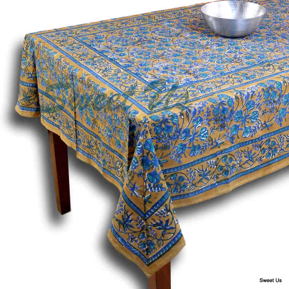 Floral Berry Block Print Cotton Round Tablecloth Rectangular Brown Square Linen - Sweet Us
