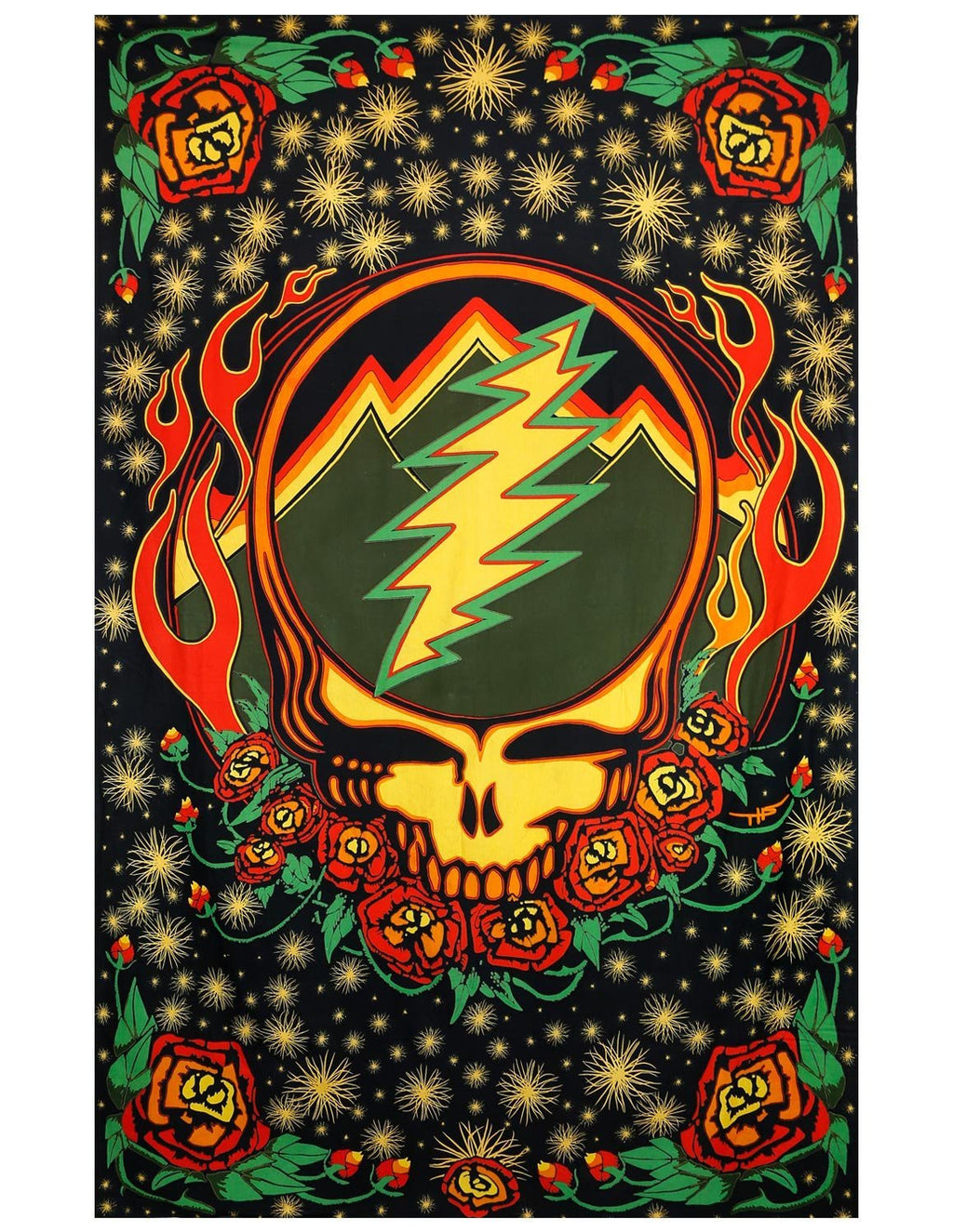 Grateful Dead Steal Your Face Tapestry with Roses Hippie Hanging Wall Art Scarlet Fire - Sweet Us