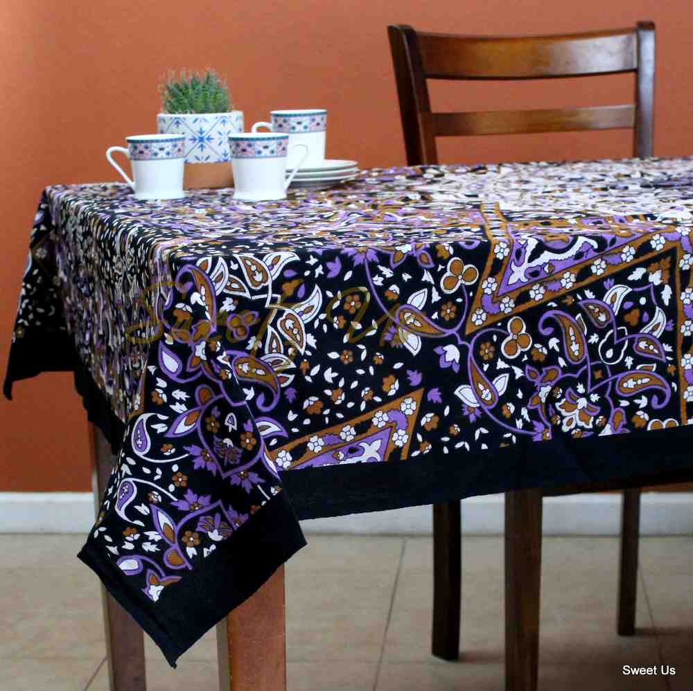 Cotton Star Elephant Floral Tablecloth Rectangle White Purple Dining Linen