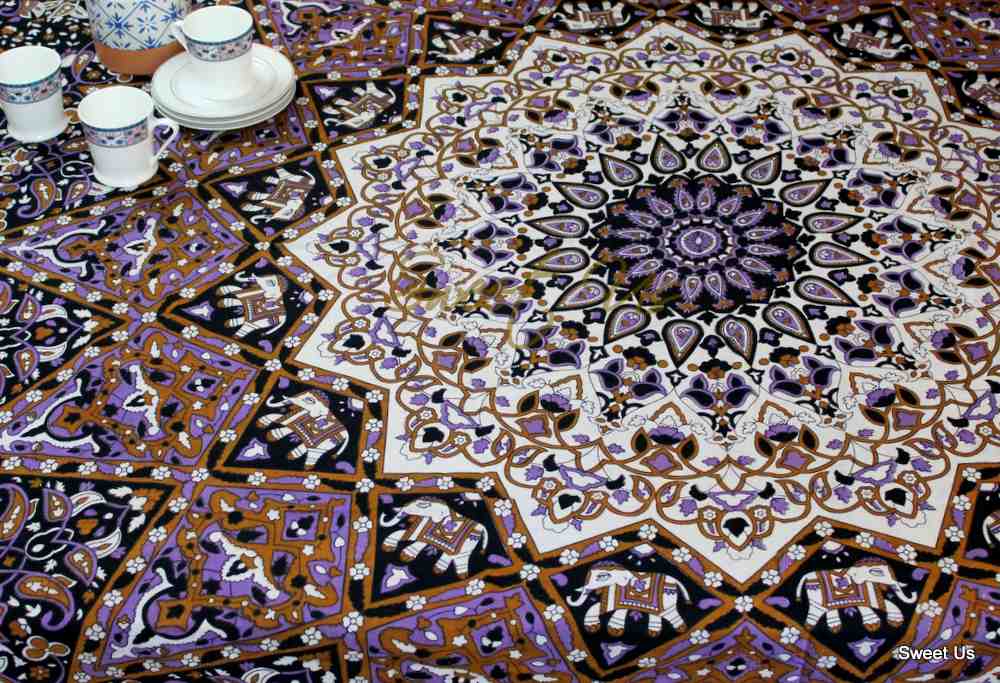 Cotton Star Elephant Floral Tablecloth Rectangle White Purple Dining Linen