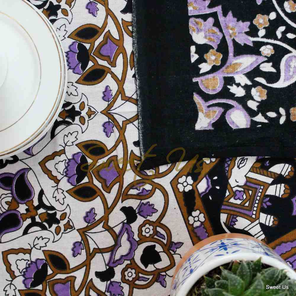 Cotton Star Elephant Floral Tablecloth Rectangle White Purple Dining Linen