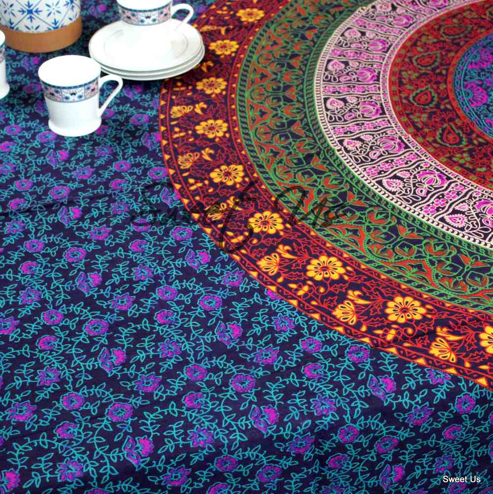 Cotton Circle of Life Floral Tablecloth Rectangle Deep Wine Kitchen Dining Linen