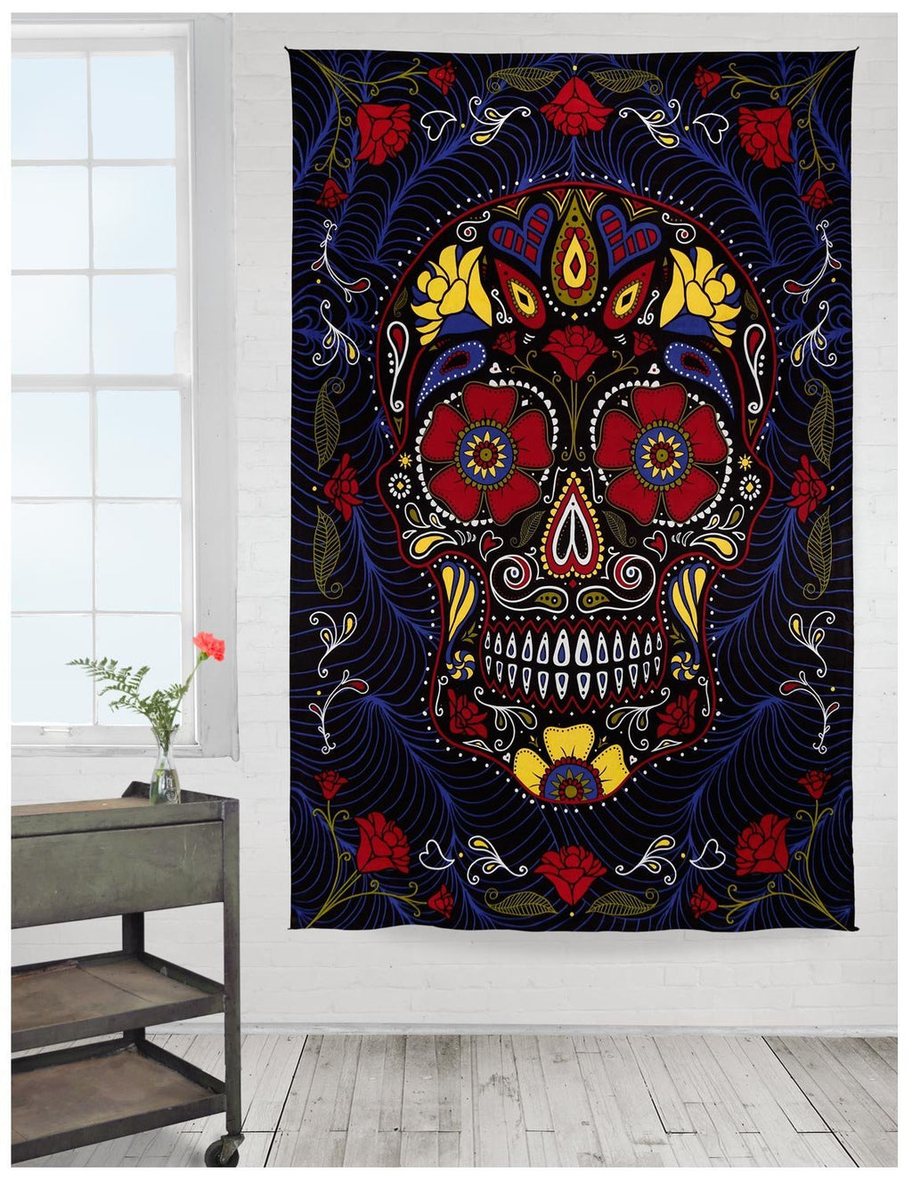 Handmade Cotton 3D Sugar Skull Tapestry Wall Art Beach Sheet 60x90 Inches Blue - Sweet Us