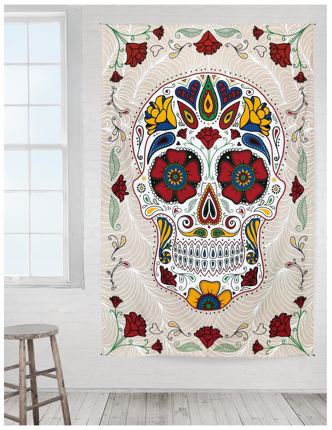 Handmade Cotton 3D Sugar Skull Tapestry Wall Art Beach Sheet 60x90 Inches Red Pink - Sweet Us