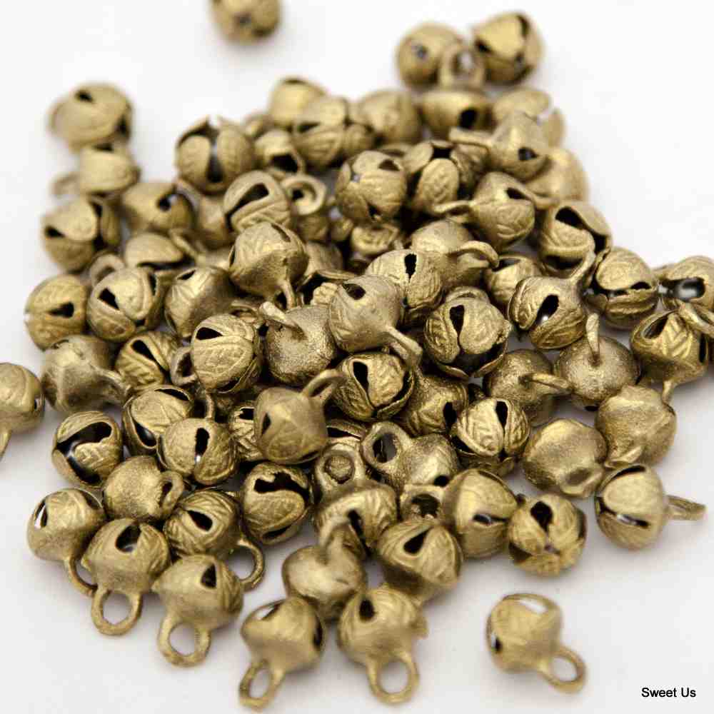 One Hundred 100 pcs Cross Cut Embossed Antique Brass Finish Bells