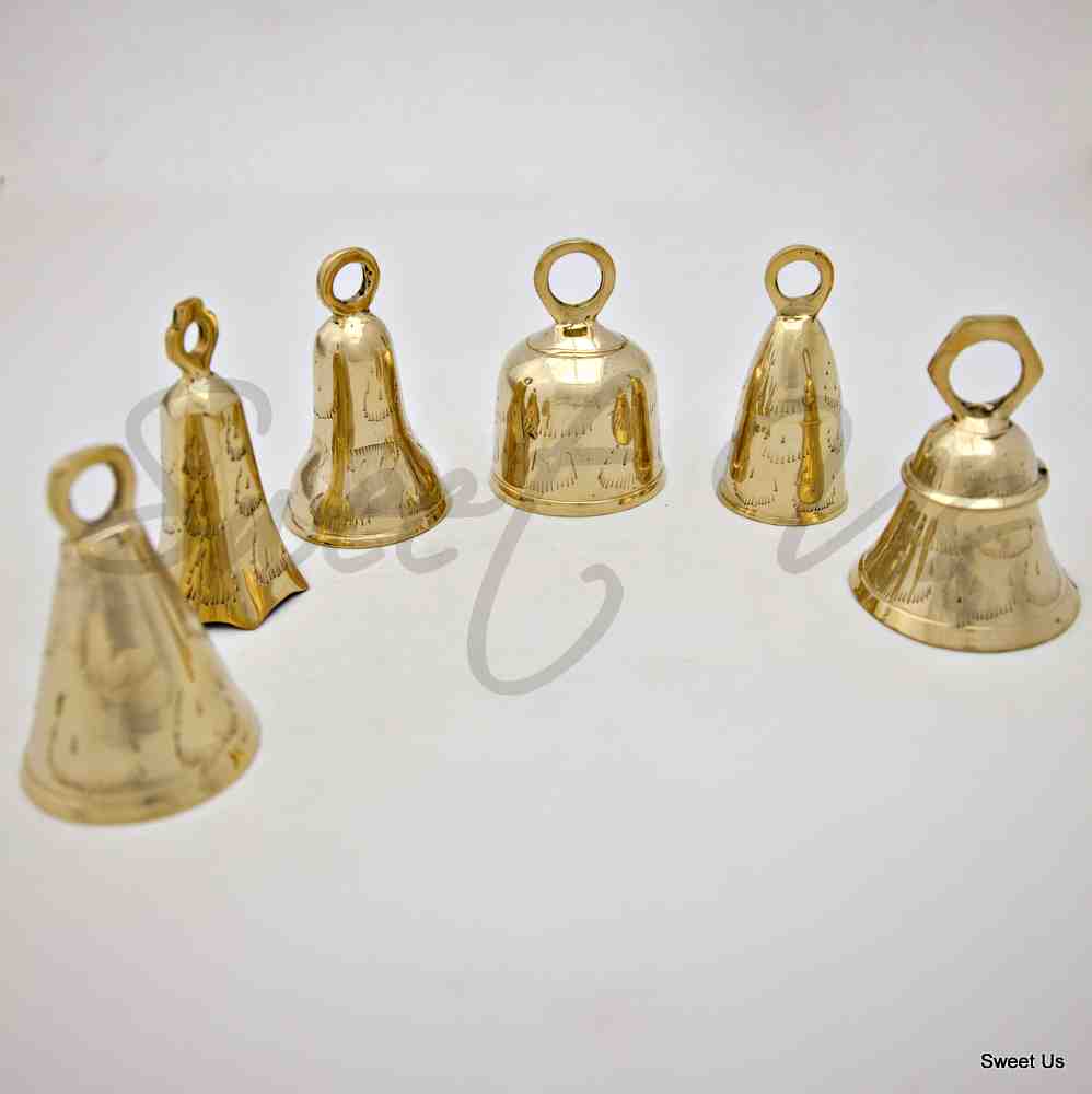 Six 4" High Assorted Design Brass Bells with Ringer Wedding favors Many Uses