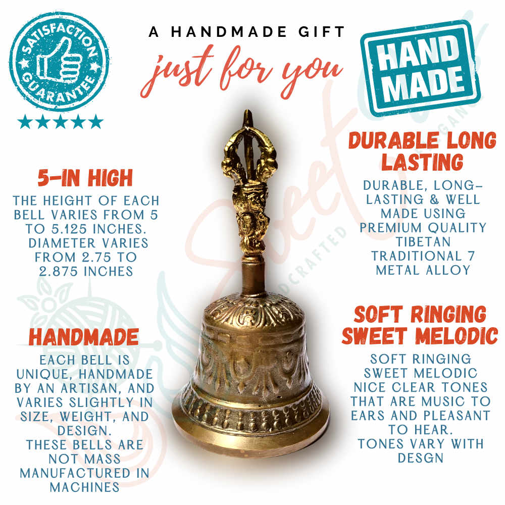 Antique Brass Hand Bell Sweet Soft Tone Meditation, Tibetan Buddhist Prayer Bell