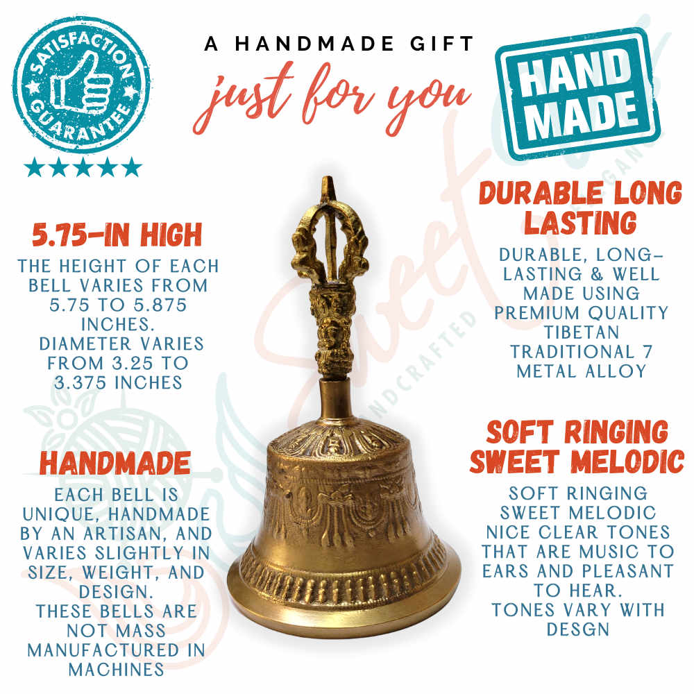 Antique Brass Hand Bell Sweet Soft Tone Meditation, Tibetan Buddhist Prayer Bell