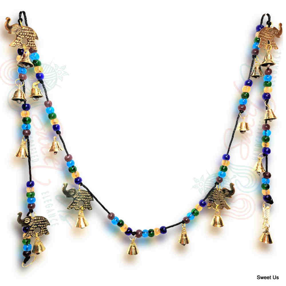 Polished Brass Decorative Elephants, Colorful Beads, Vintage Bells on a String