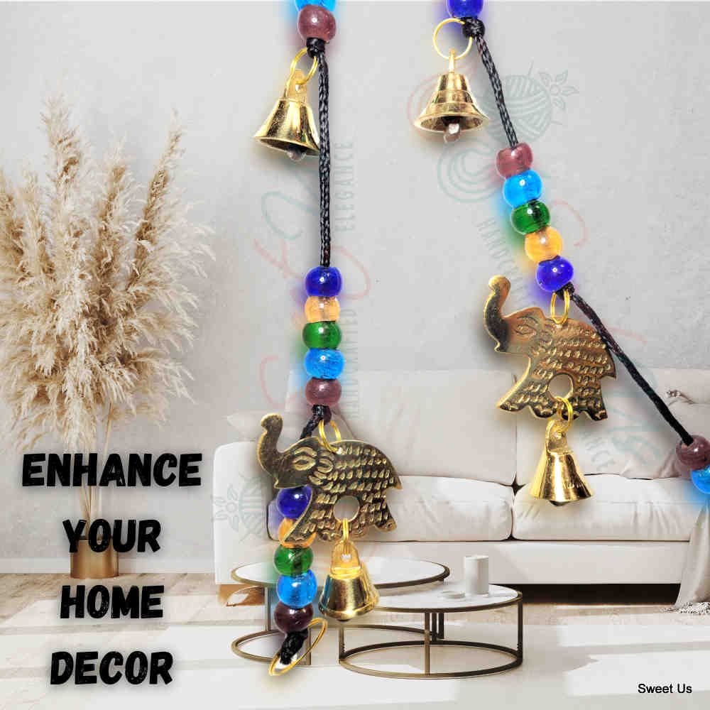 Polished Brass Decorative Elephants, Colorful Beads, Vintage Bells on a String