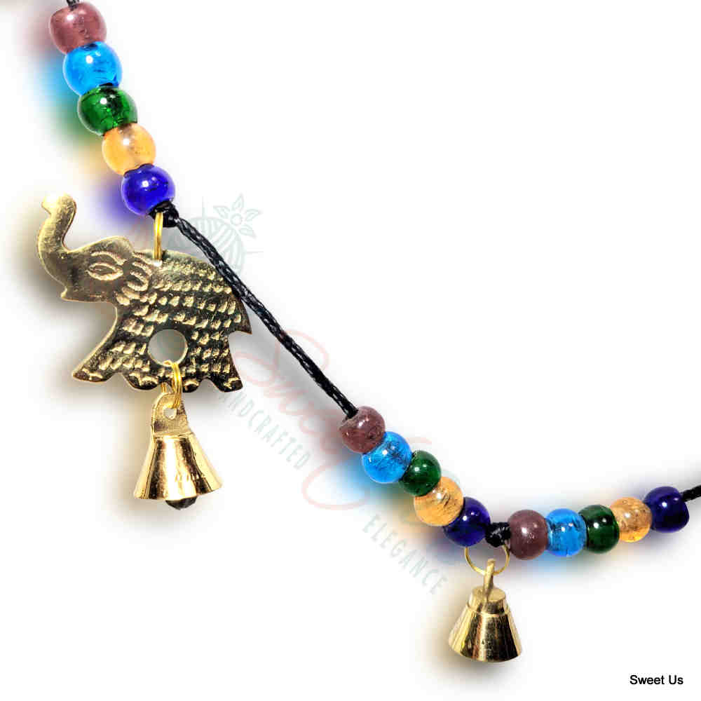 Polished Brass Decorative Elephants, Colorful Beads, Vintage Bells on a String