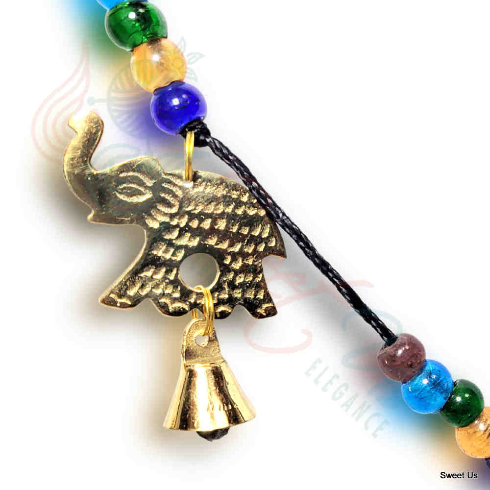 Polished Brass Decorative Elephants, Colorful Beads, Vintage Bells on a String
