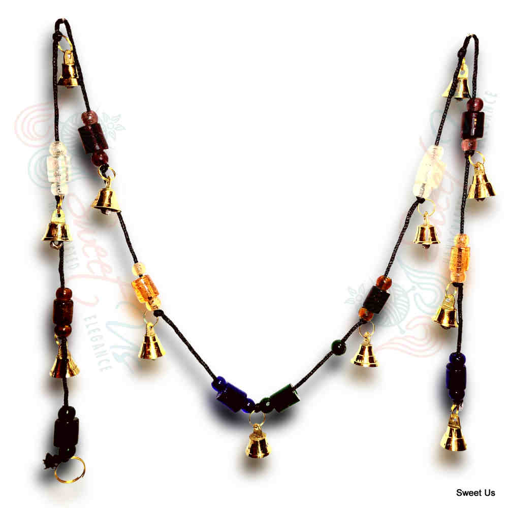 Decorative Glassy Beads and Polished Brass Vintage Bells on a String