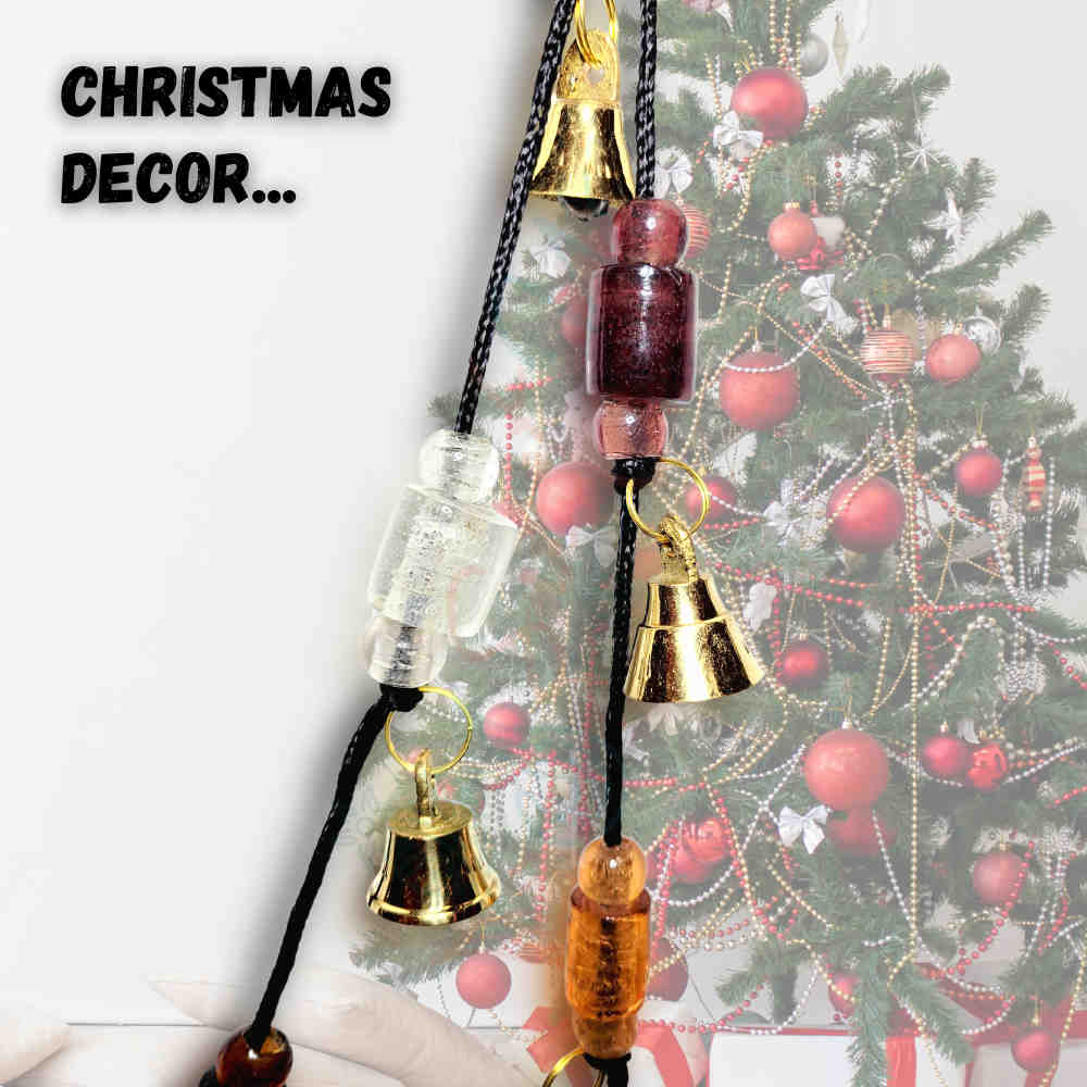 Decorative Glassy Beads and Polished Brass Vintage Bells on a String