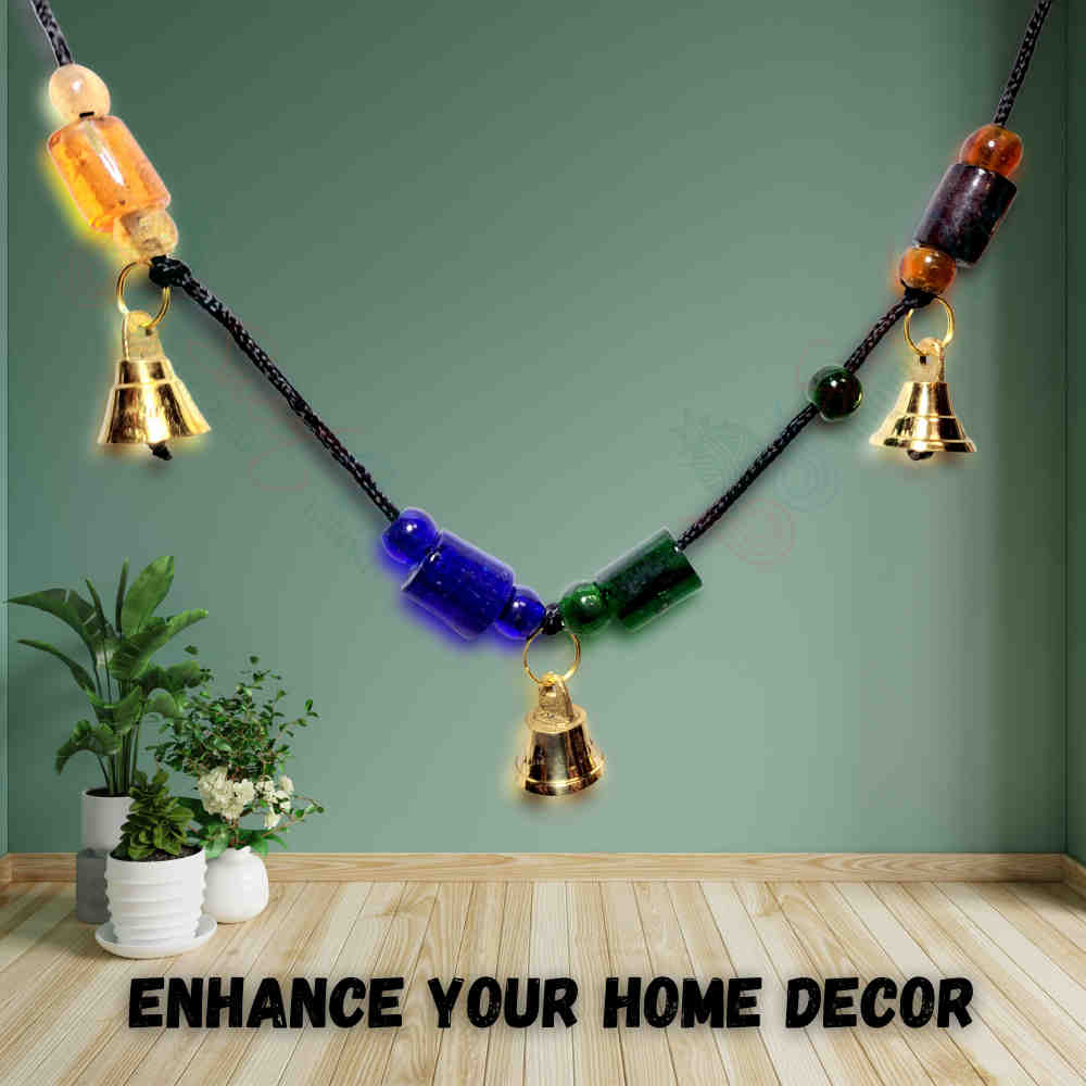 Decorative Glassy Beads and Polished Brass Vintage Bells on a String