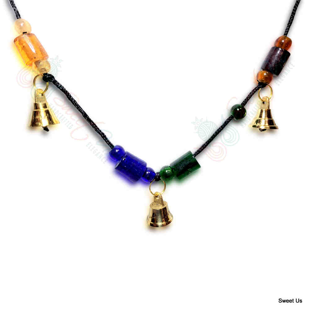 Decorative Glassy Beads and Polished Brass Vintage Bells on a String
