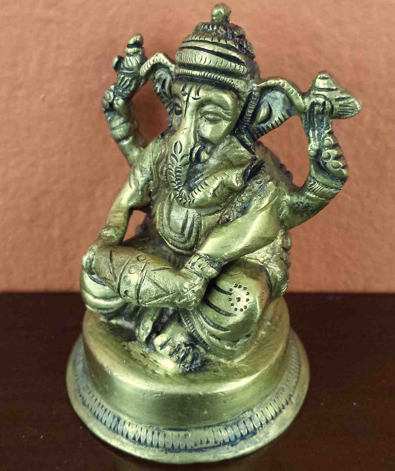 Seated Lord Ganesha Antique Brass Statue 2.75" High Brass Figurine Sculpture Hinduism Decor - Sweet Us