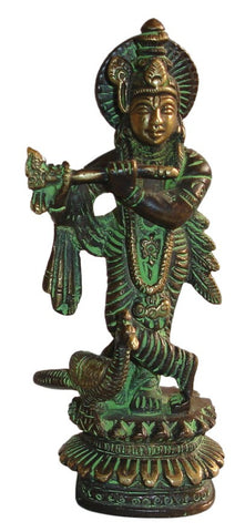 Bronze Finish Lord Krishna Vishnu Avatar Brass Statue with Flute 5" High Figurine Sculpture Hinduism Decor - Sweet Us