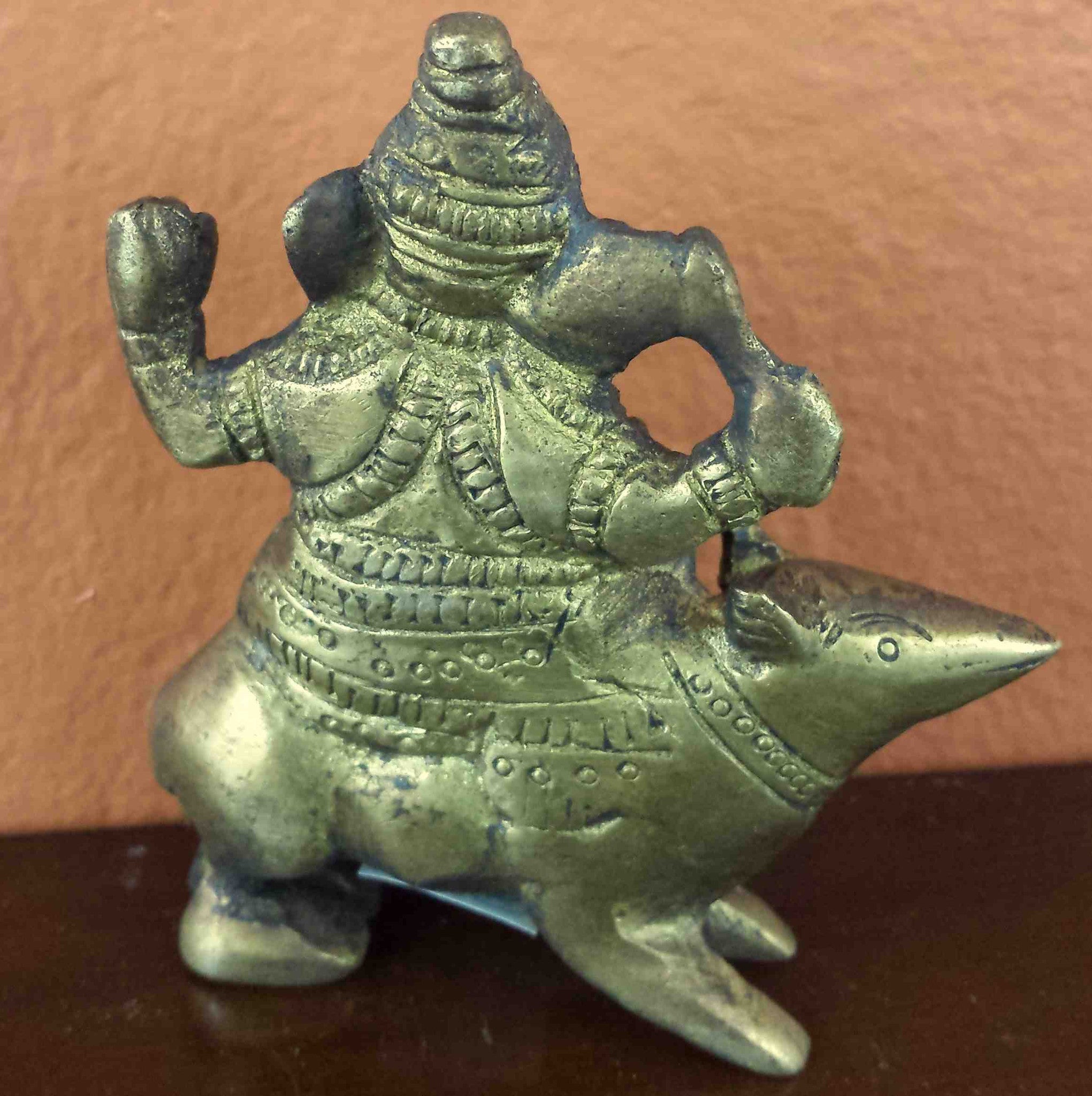 Lord Ganesha Seated on a Mouse Antique Brass Statue 3.25" High Brass Figurine Sculpture Hinduism Decor - Sweet Us