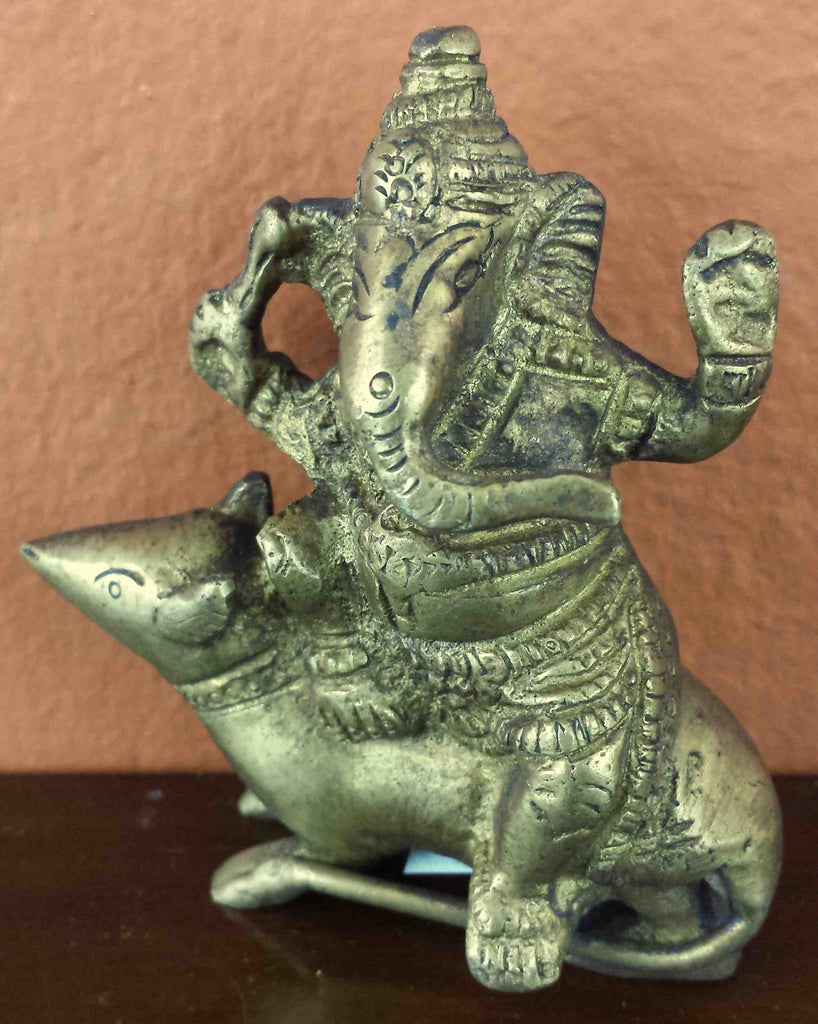 Lord Ganesha Seated on a Mouse Antique Brass Statue 3.25" High Brass Figurine Sculpture Hinduism Decor - Sweet Us