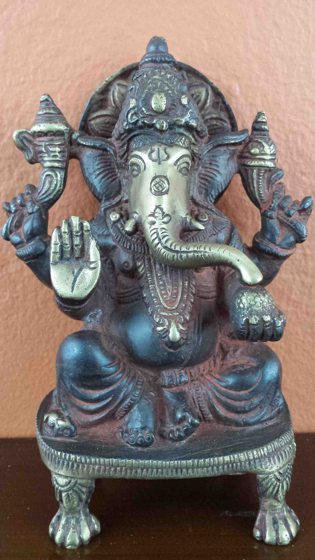 Seated God Ganesha Brass Statue 6" High Bronze Figurine Sculpture Hinduism Decor - Sweet Us