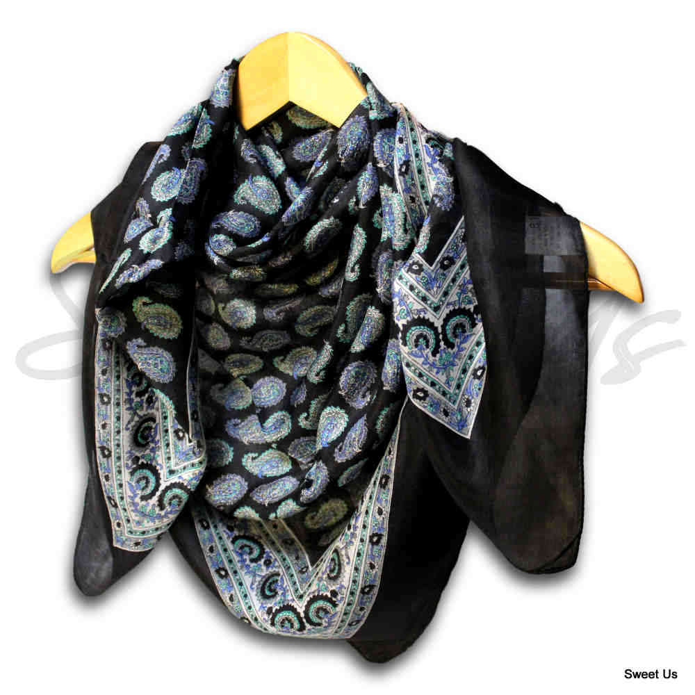 Large Scarf for Women Lightweight Soft Sheer Paisley Floral Silk Scarf Blue Red - Sweet Us