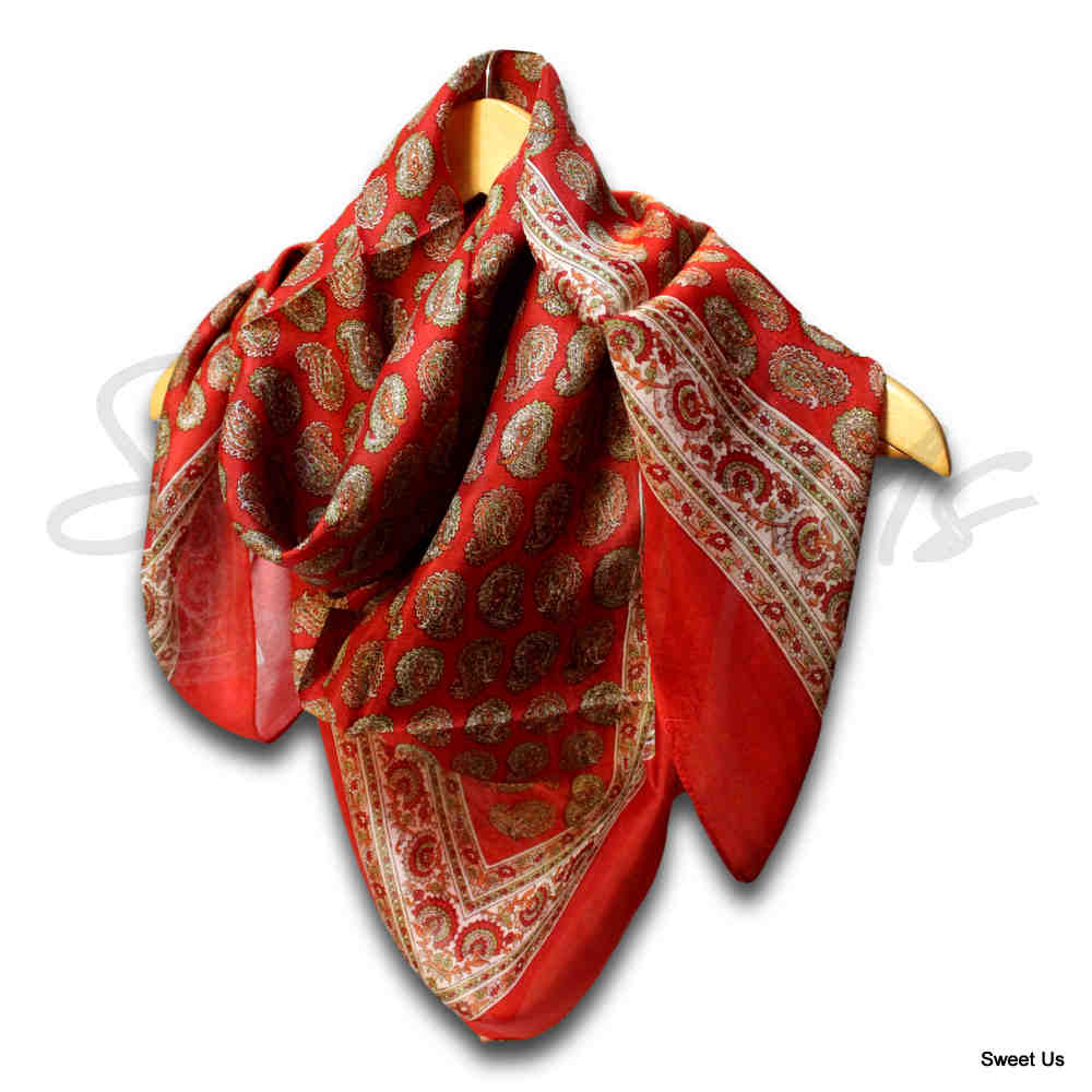 Large Scarf for Women Lightweight Soft Sheer Paisley Floral Silk Scarf Blue Red - Sweet Us