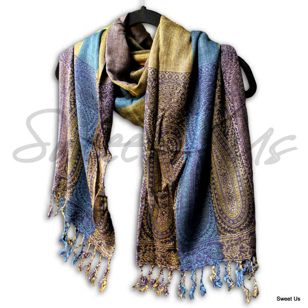 Large Scarf for Women Reversible Soft Paisley Floral Striped Rayon Scarf Shawl - Sweet Us