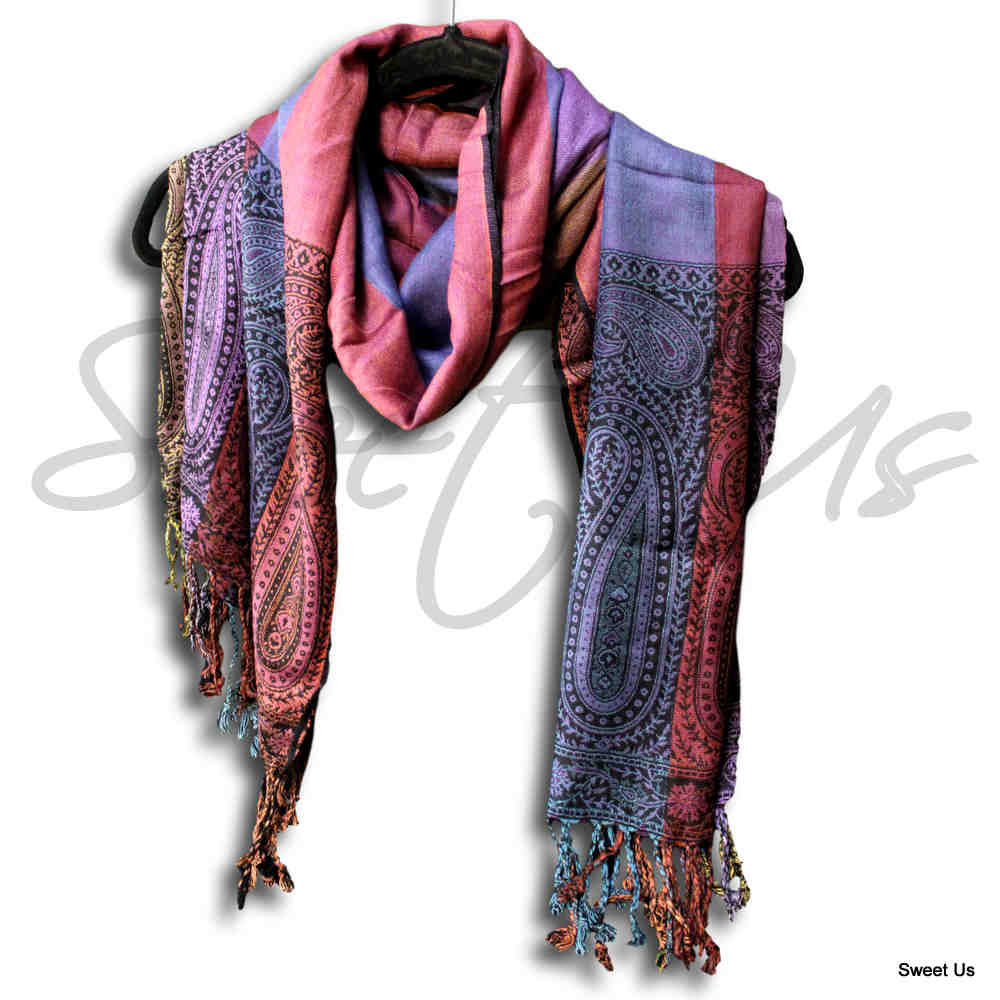 Large Scarf for Women Reversible Soft Paisley Floral Striped Rayon Scarf Shawl - Sweet Us