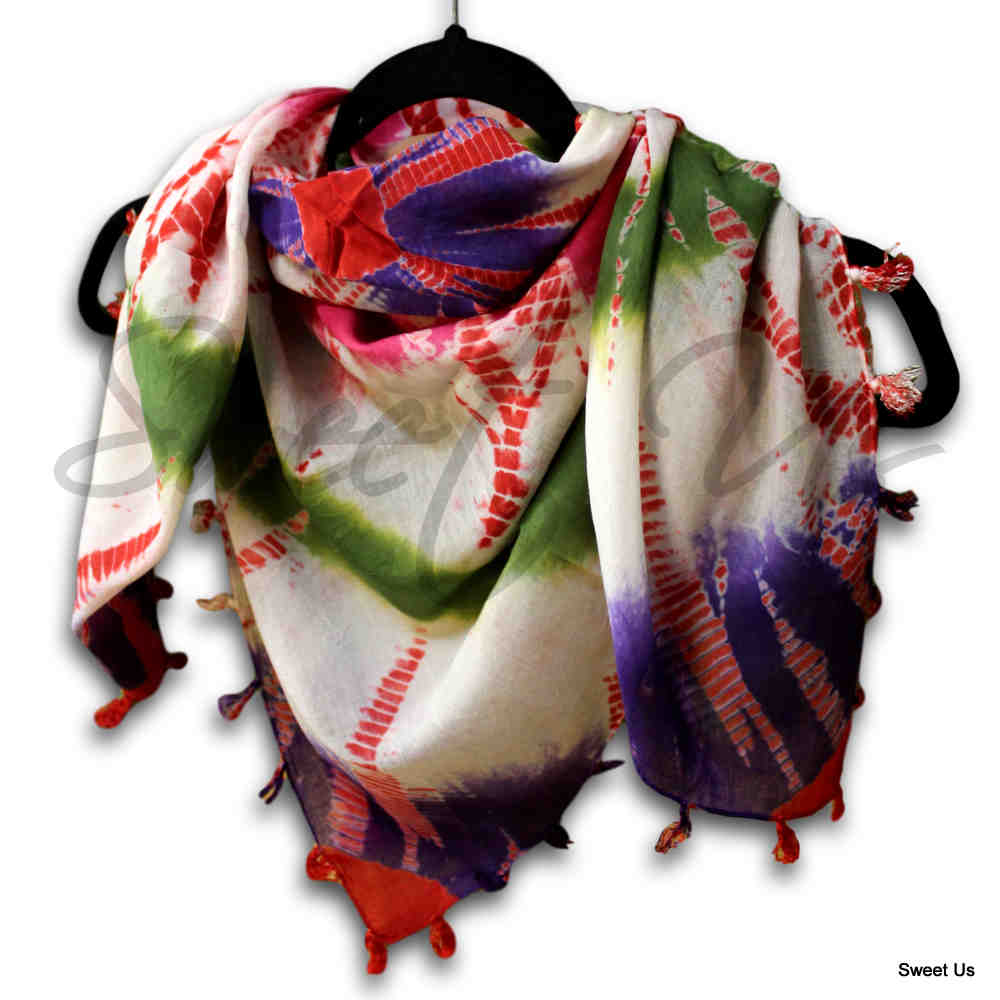 Scarf for Women Sheer Soft Cotton Tie Dye 42x42 Red Green Blue Yellow Purple