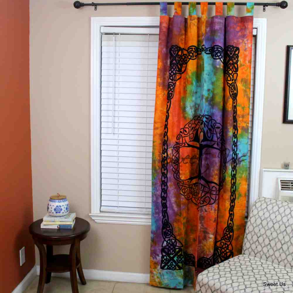 Celtic Tree of Life Tie Dye Cotton Panel Living Room Curtain, Gilded Mirage