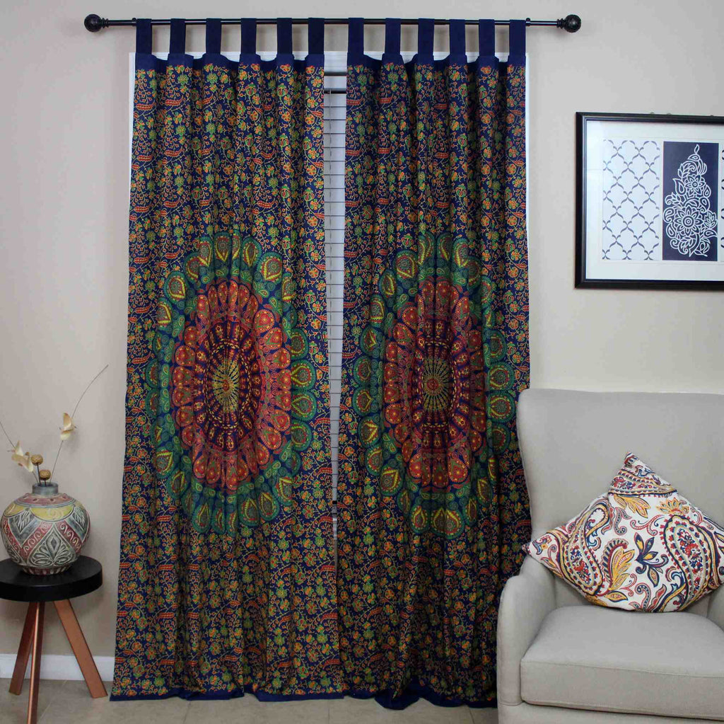 Sanganer Mandala Cotton Tab Top Peacock Floral Curtain Drape Panel 44xx88 - Sweet Us