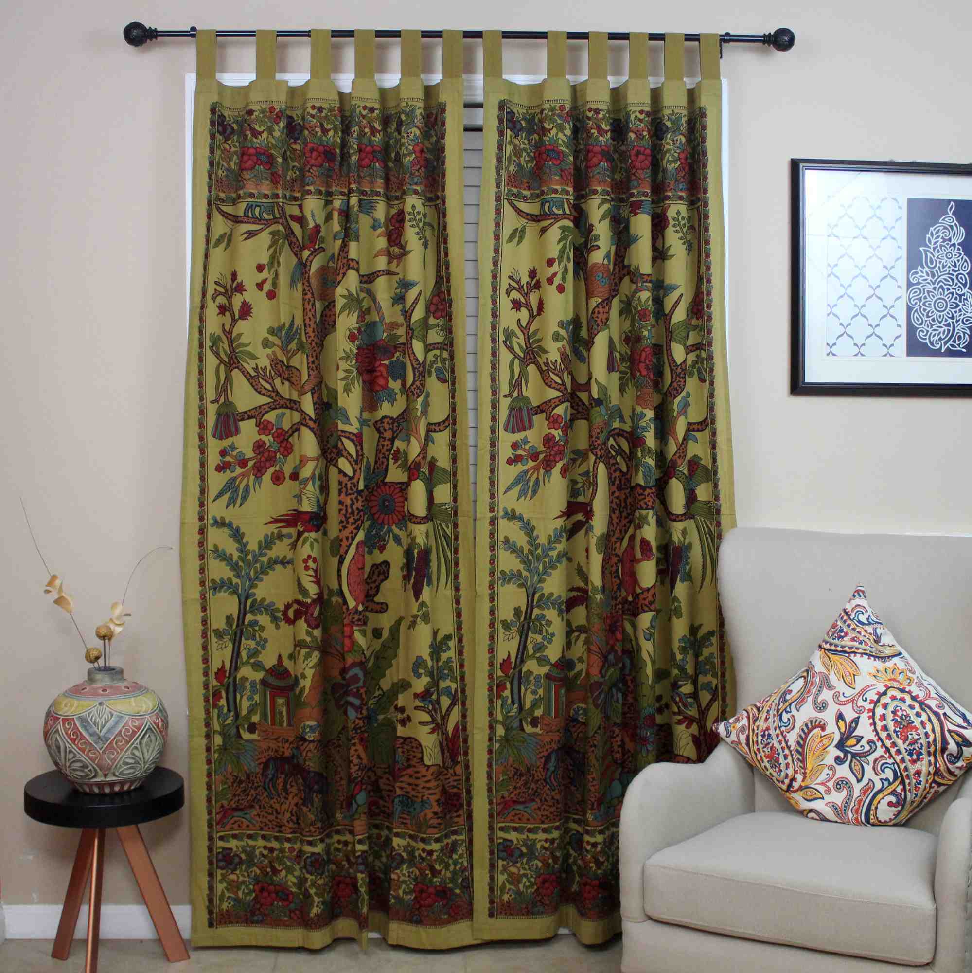 Clearance Handmade 100% Cotton Tree of Life Tab Top Curtain Drape Door Panel 44x88 Gold - Sweet Us