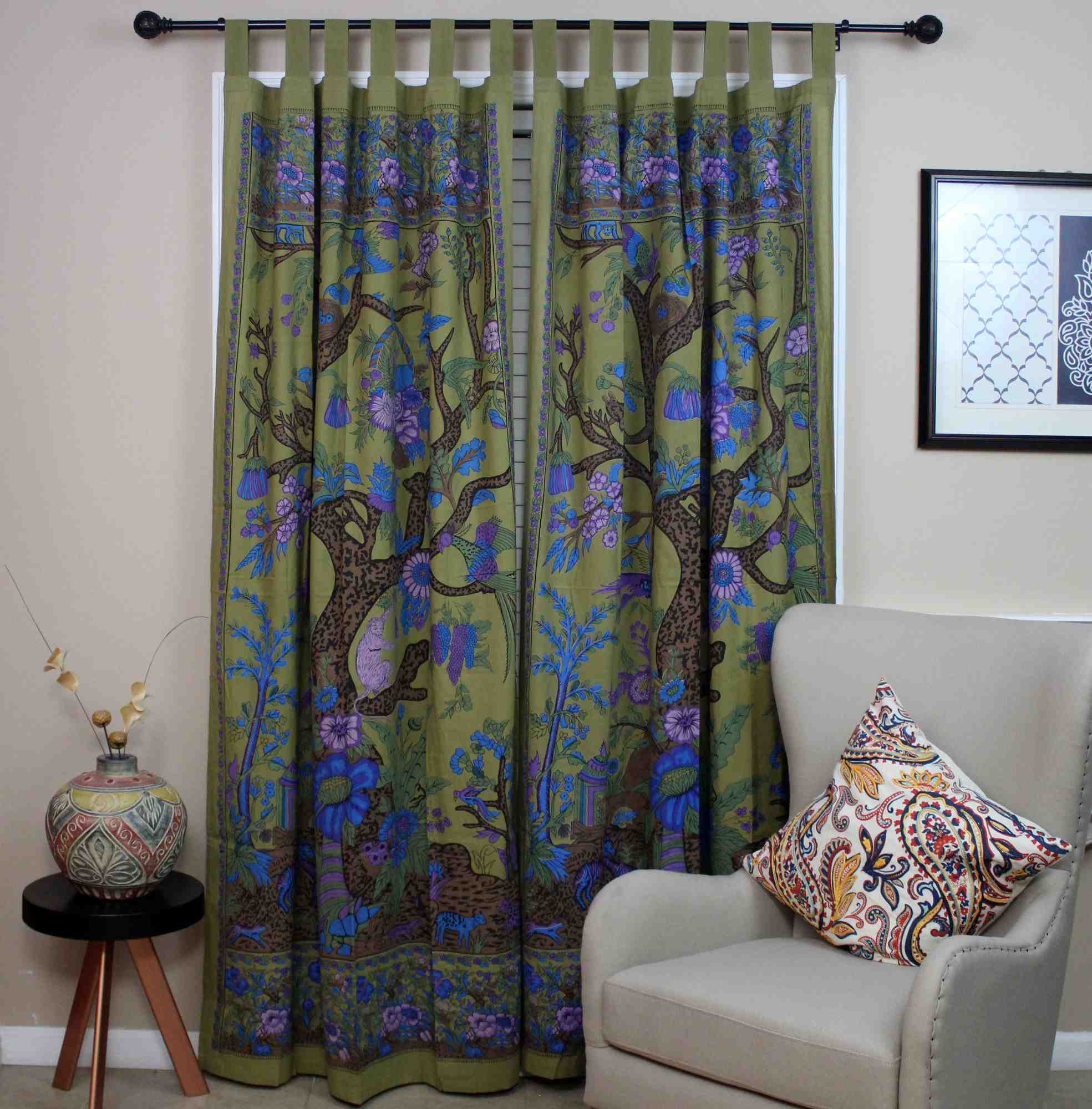 Cotton Tree of Life Tab Top Curtain Drape Door Panel 44x88 Gold Blue Purple Green Tan - Sweet Us