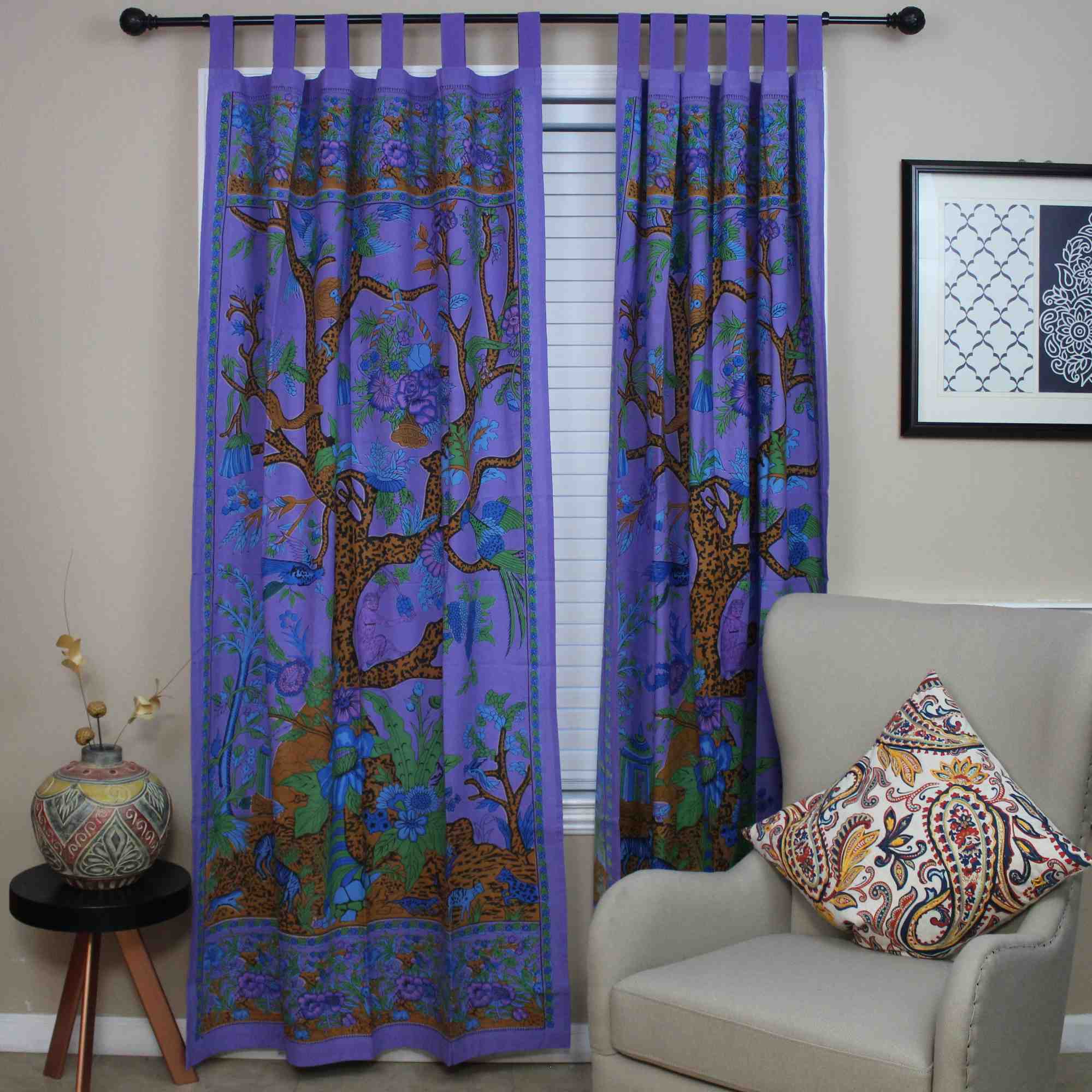 Cotton Tree of Life Tab Top Curtain Drape Door Panel 44x88 Gold Blue Purple Green Tan - Sweet Us