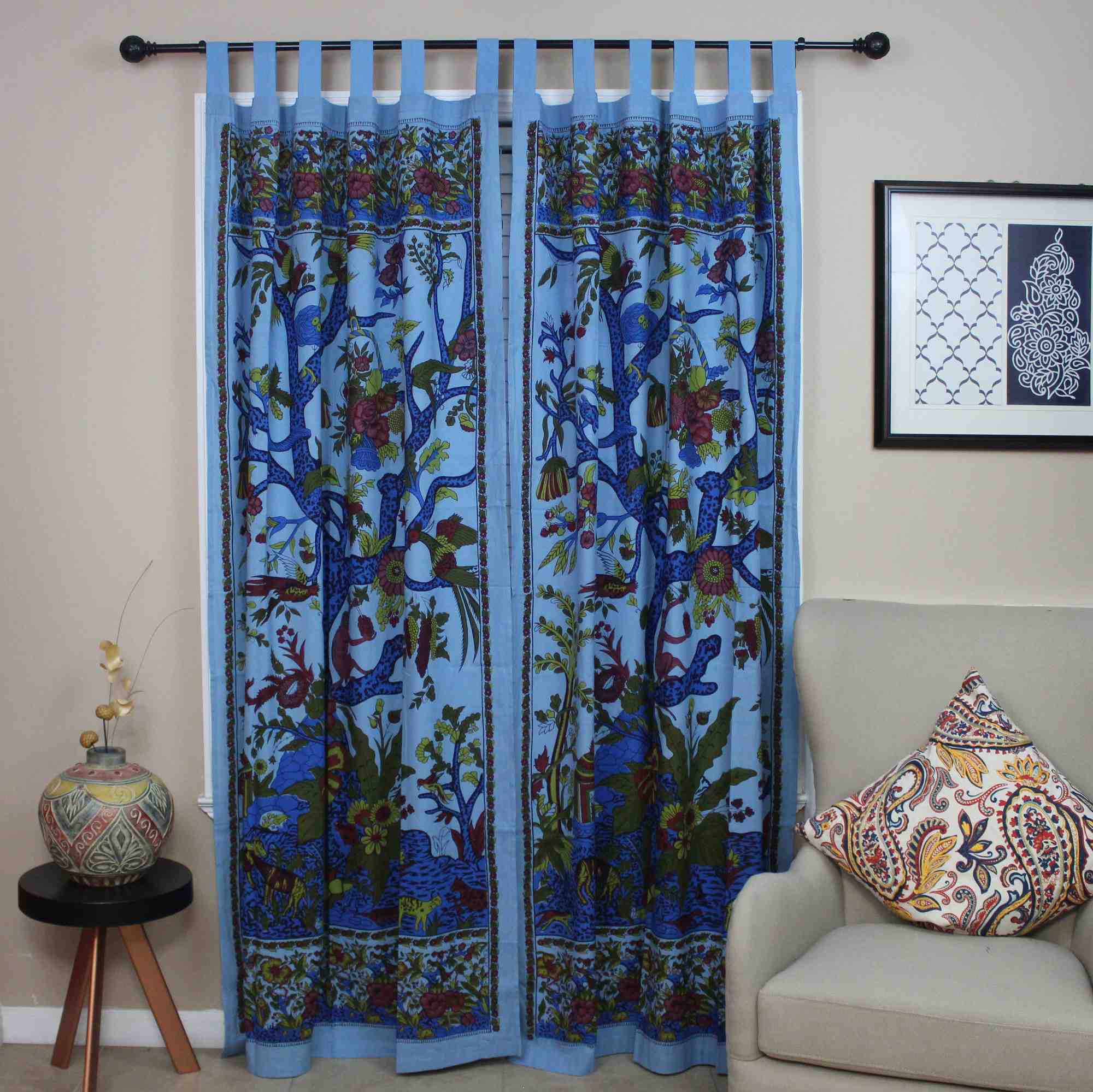 Cotton Tree of Life Tab Top Curtain Drape Door Panel 44x88 Gold Blue Purple Green Tan - Sweet Us