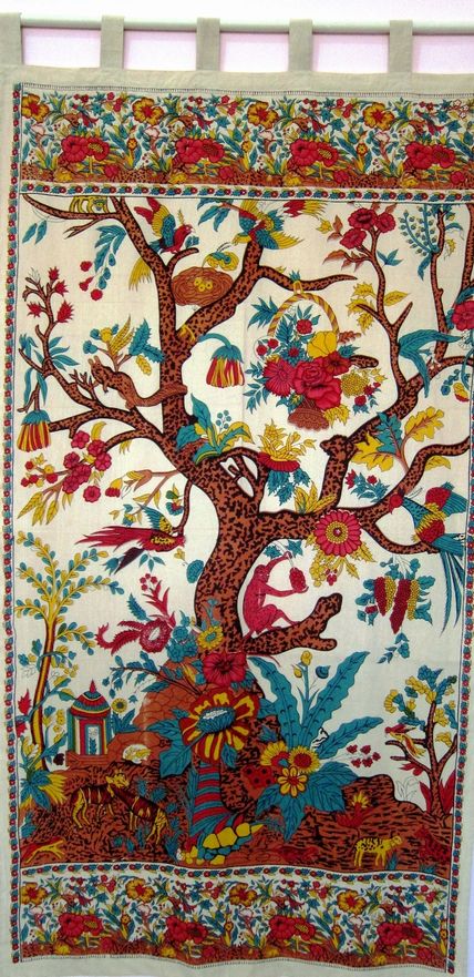 Cotton Tree of Life Tab Top Curtain Drape Door Panel 44x88 Gold Blue Purple Green Tan - Sweet Us
