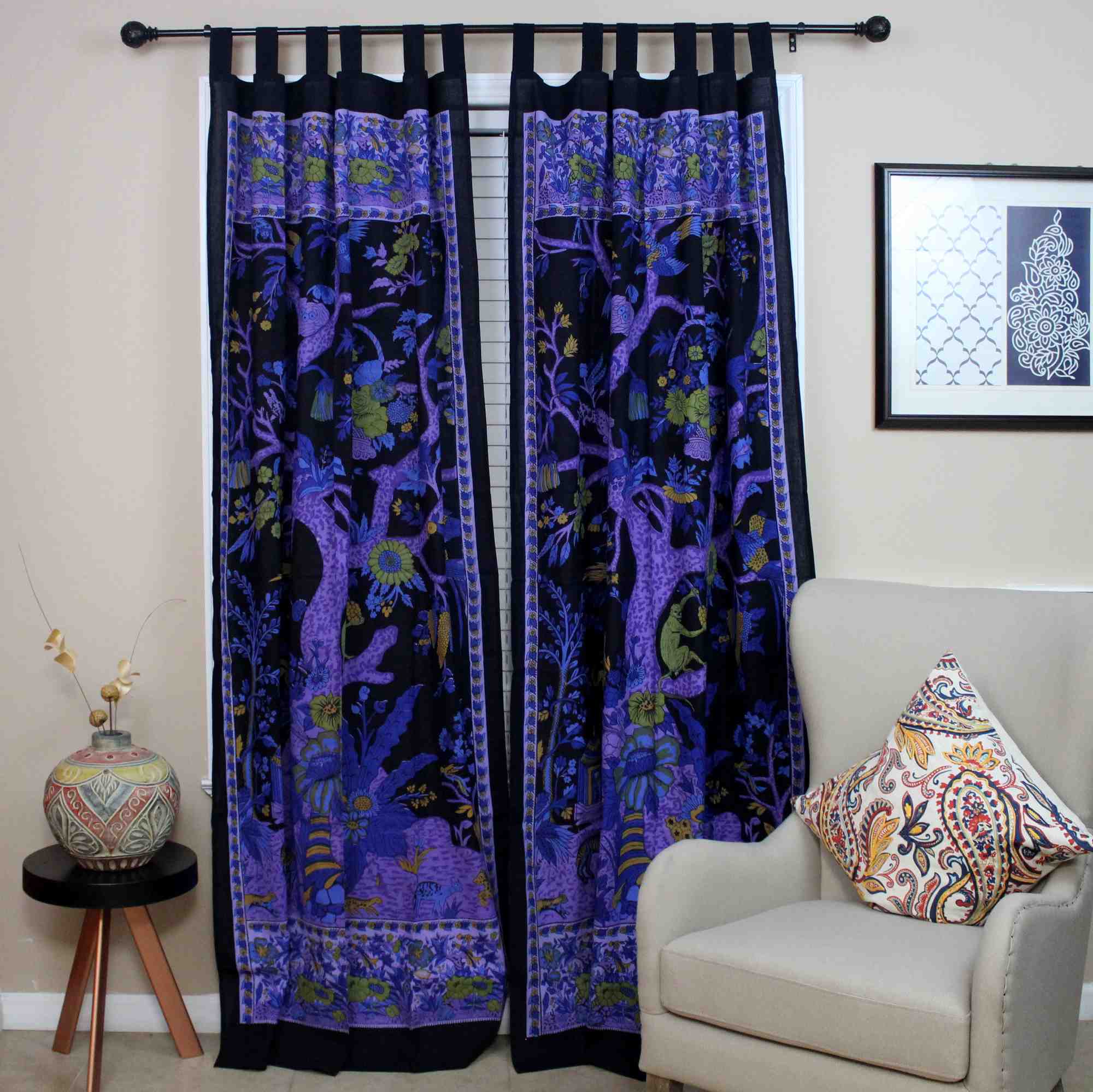 Cotton Tree of Life Tab Top Curtain Drape Door Panel 44x88 Gold Blue Purple Green Tan - Sweet Us