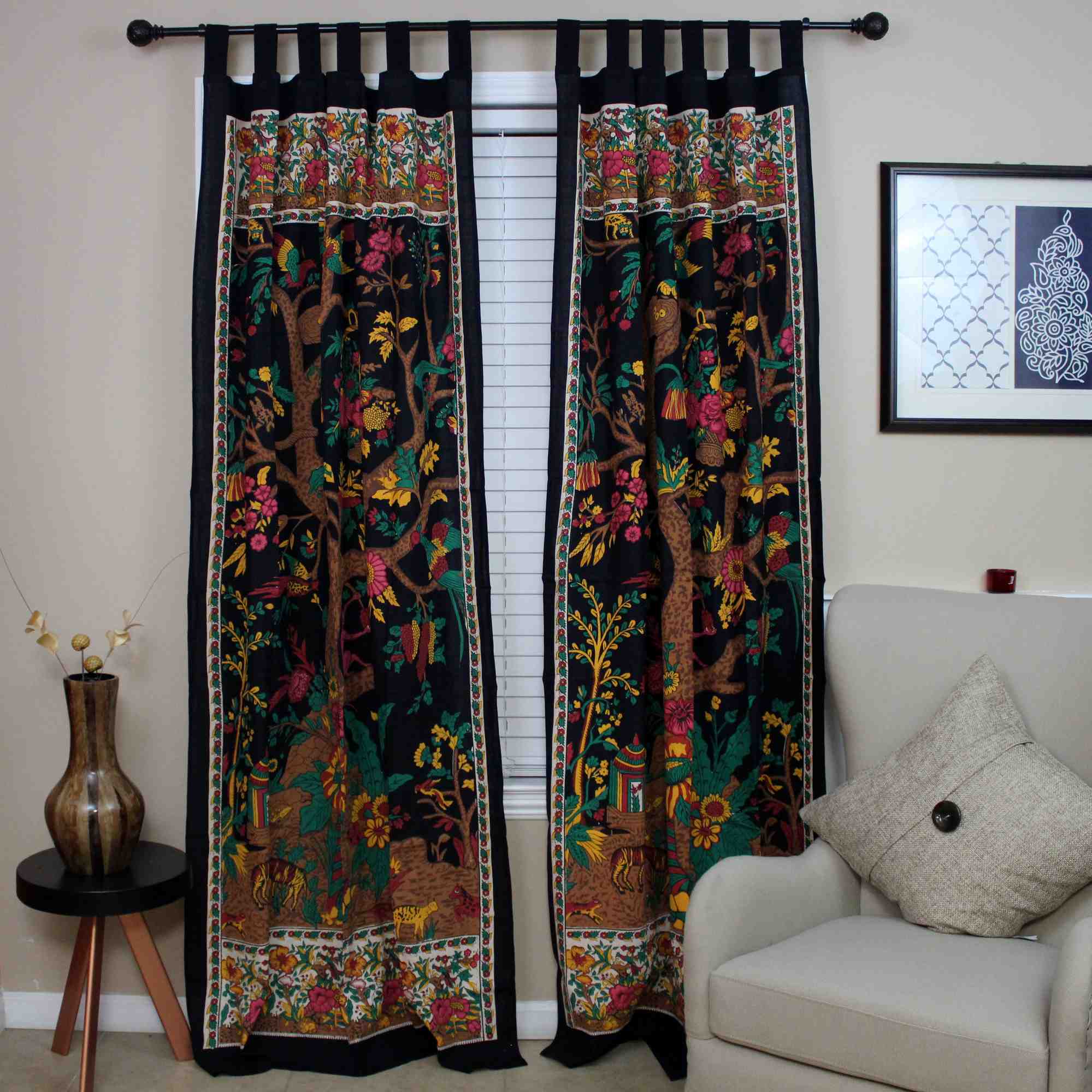 Cotton Tree of Life Tab Top Curtain Drape Door Panel 44x88 Gold Blue Purple Green Tan - Sweet Us
