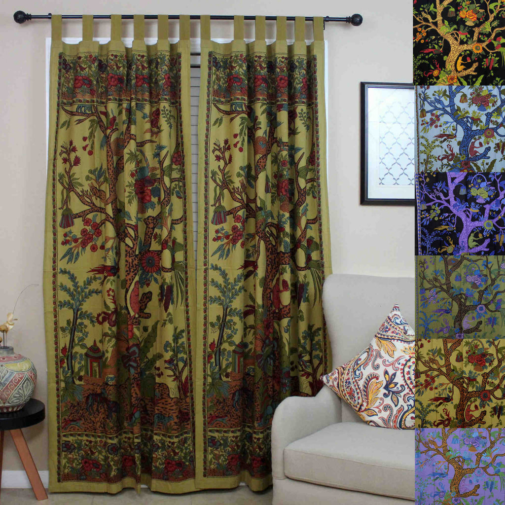 Cotton Tree of Life Tab Top Curtain Drape Door Panel 44x88 Gold Blue Purple Green Tan - Sweet Us