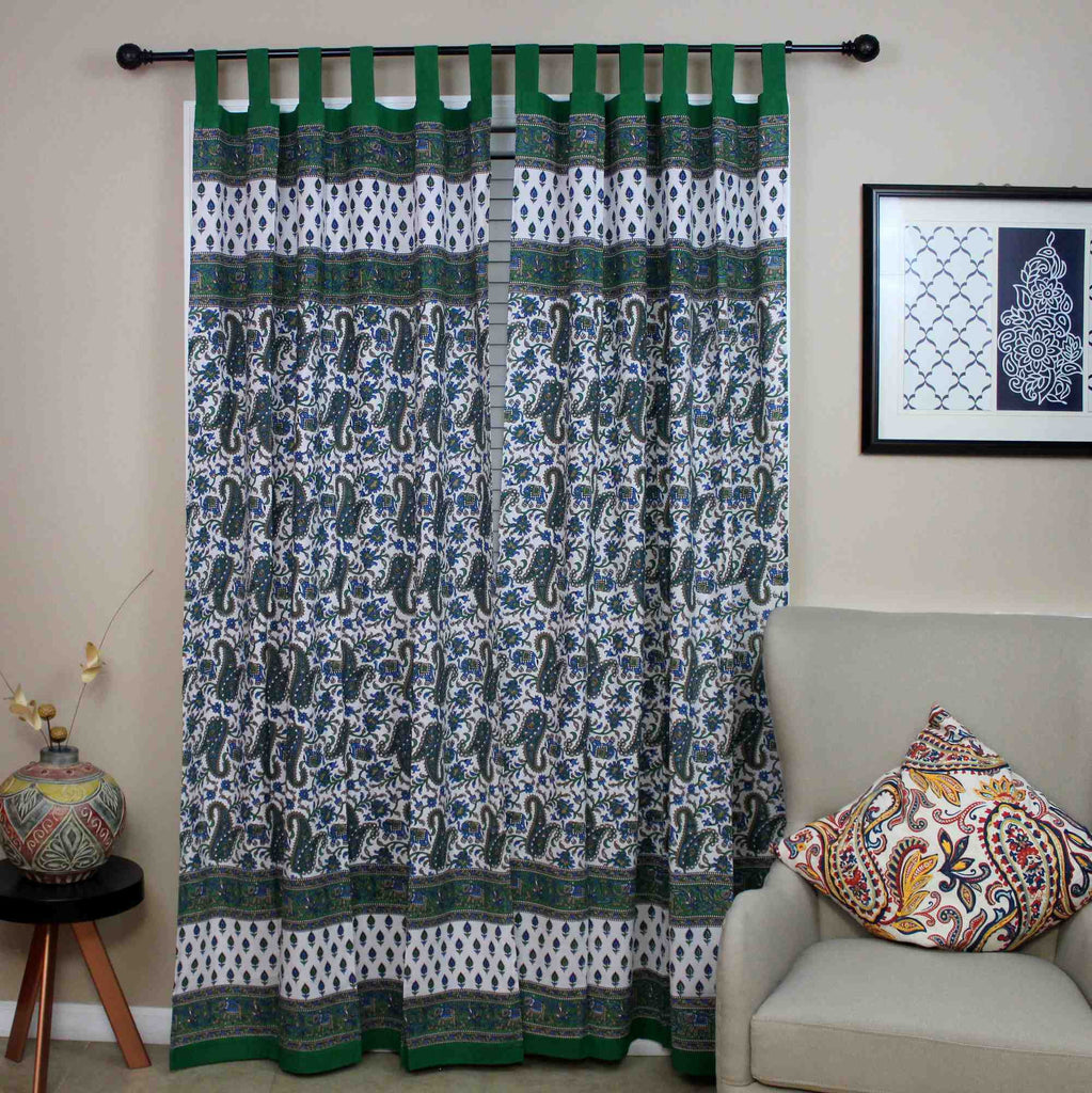 Handmade Paisley Elephant 100% Cotton Tab Top Curtain Drape Panel Green 44x88 - Sweet Us